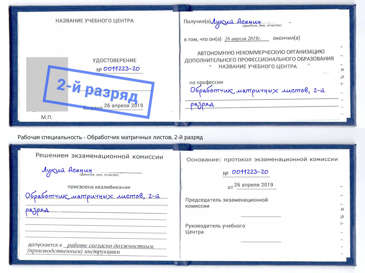 корочка 2-й разряд Обработчик матричных листов Самара